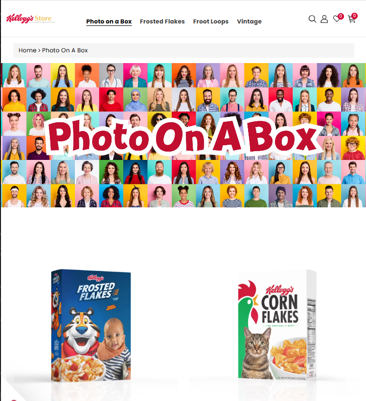Kellogg’s Photo On A Box storefront with personalized cereal boxes