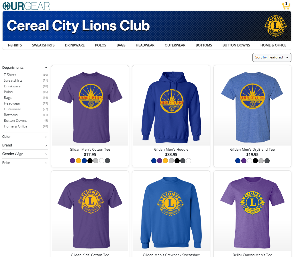 Cereal City Lions Club OurGear store with branded shirts and sweatshirts